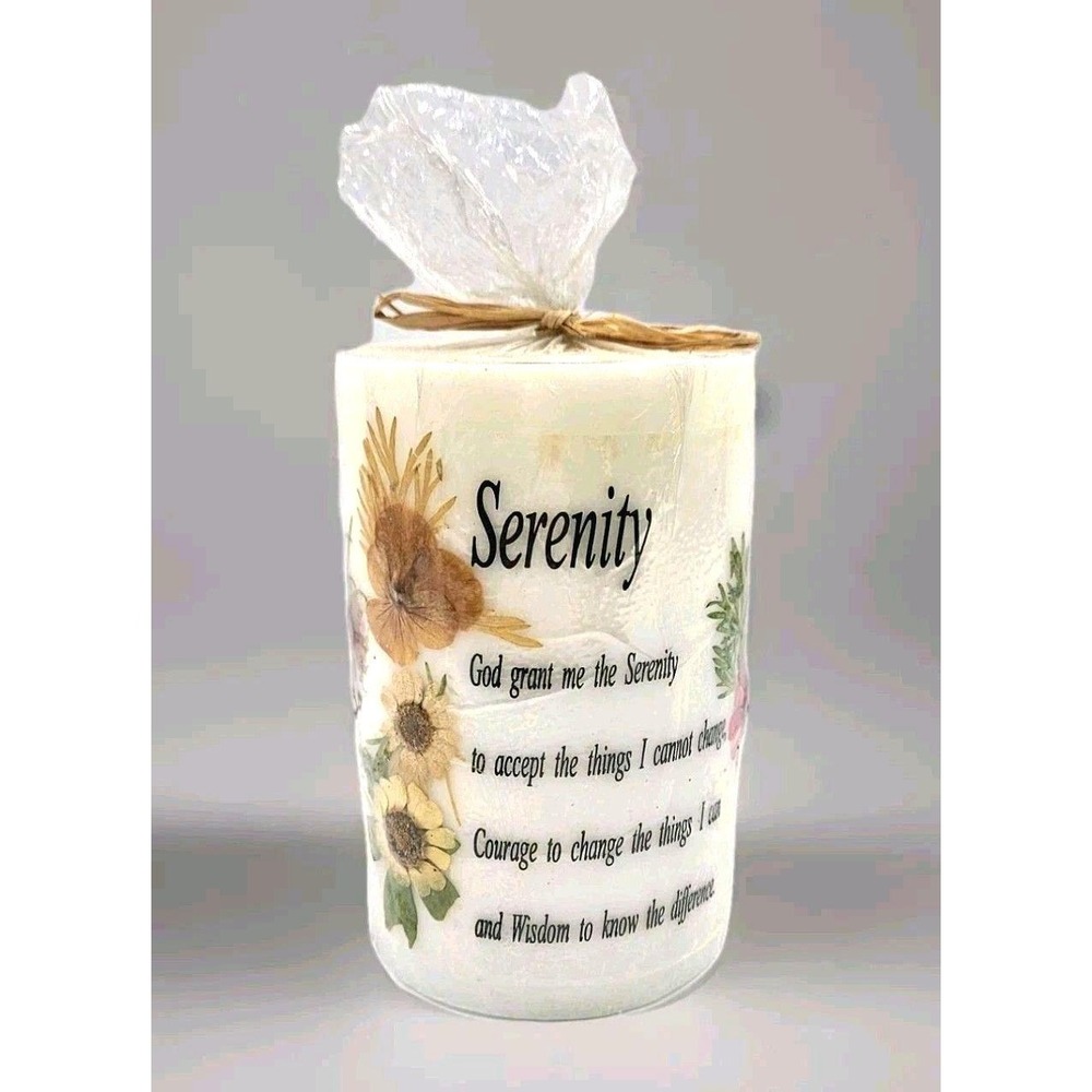 Vintage New Cream Pressed Flower Pillar Serenity Prayer On Wrapping‎ Gift Candle